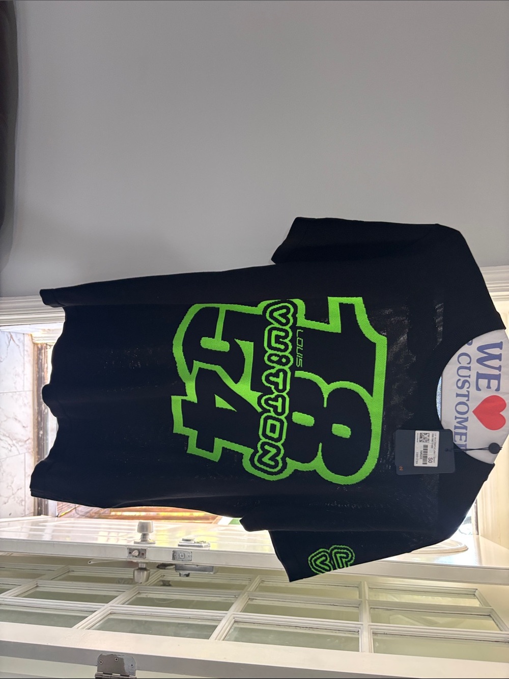 Louis Vuitton Black Tee with Neon Green Graphic 84 Print